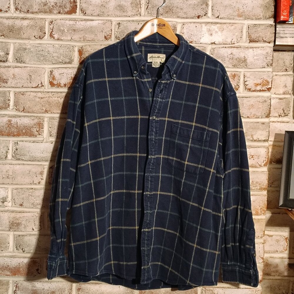 Vintage Eddie Bauer THICK Navy Plaid Button Down - XXL